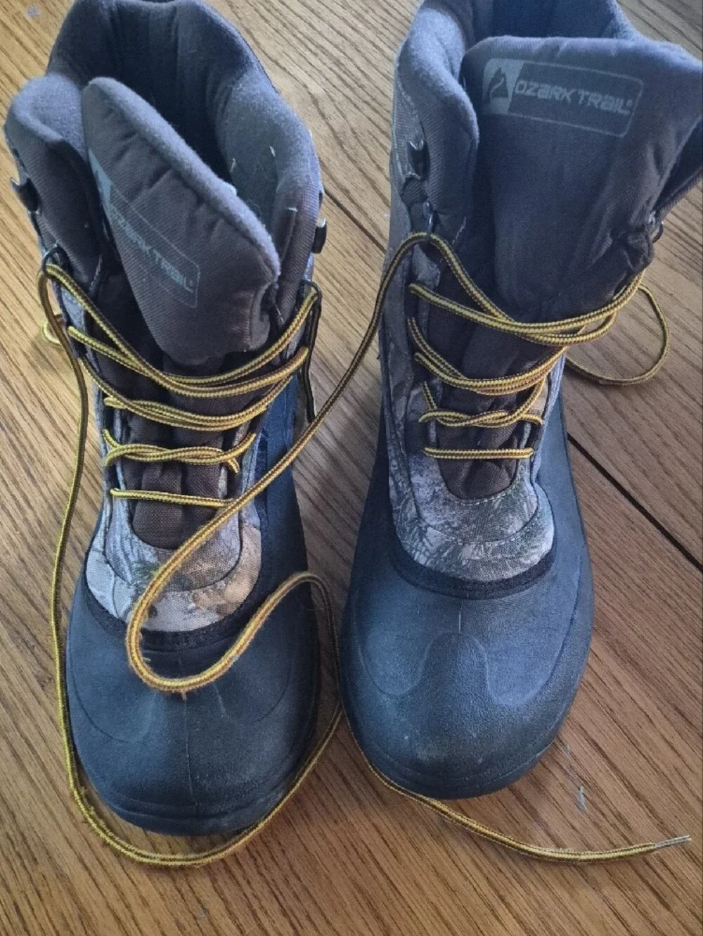 Ozark Trail Men's Brown Camo Lace-Up Hunting Boots with Yellow Laces